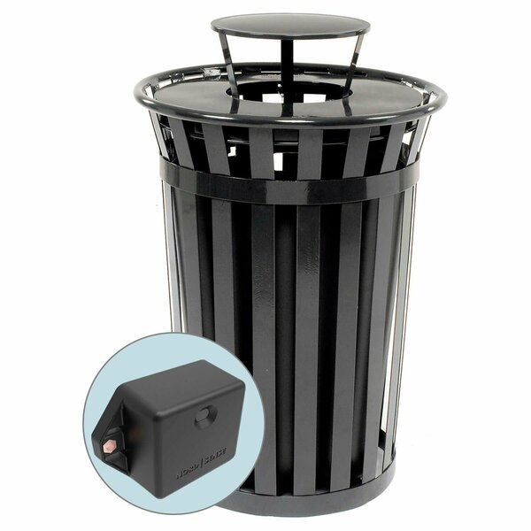 Global Industrial TrashTalk Outdoor Slatted Metal Trash Can w/Rain Lid, 36 Gal., Black 260804BKT